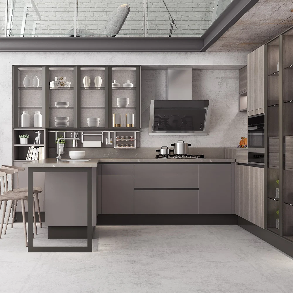 Изготовленный на заказ меламиновая доска серый МДФ лак двухсторонний кухонный шкаф с раковиной из нержавеющей стали