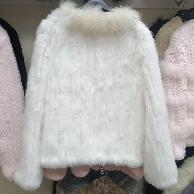 2024 Women Knitted Real Rabbit Fur Coat With Raccoon Fur Collar Winter Long Sleeve Fashion Genuine Fur Jacket Outwear Femme