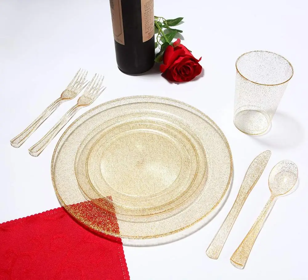 Gold Glitter Plastic Plates with Disposable Silverware, Cups Dinnerware sets for Wedding Parties