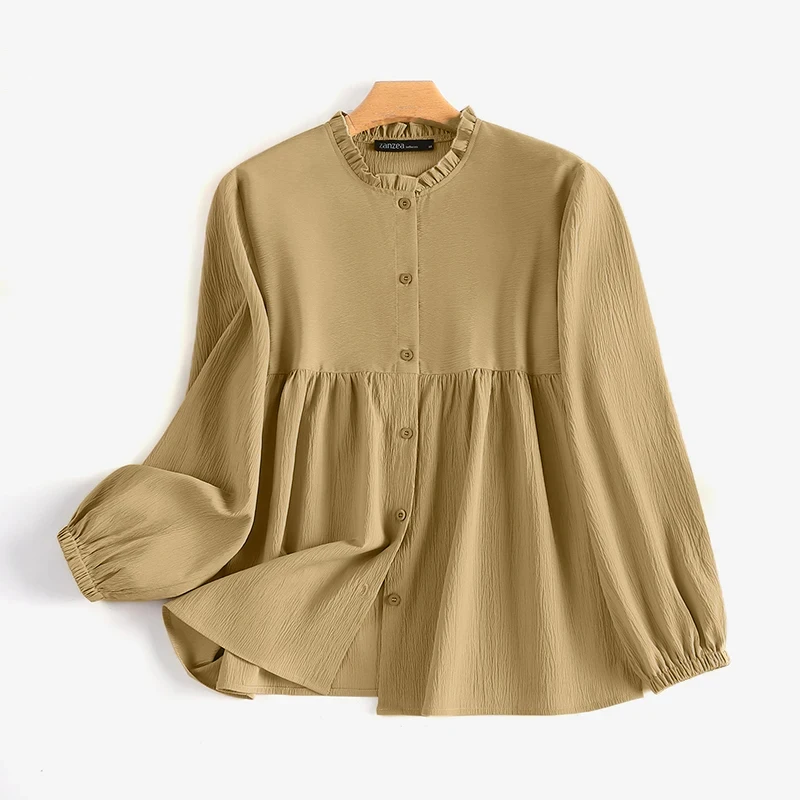 Casual Loose Shirt Ruffles Hem Islamic Clothing Abaya Kaftan Fashion Muslim Tops Femme Solid Color Long Sleeve Blouse