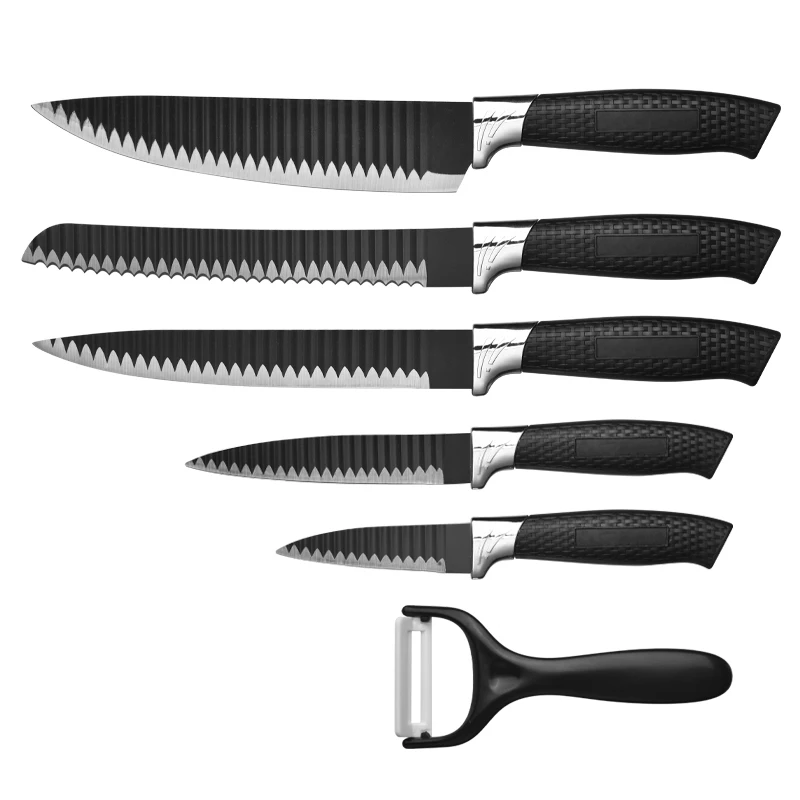 In Stock Wholesale 6 Pieces Kitchen Knife Set Banding Non-stick Coating Knife Set Plastic Handle Knives With Gift Box