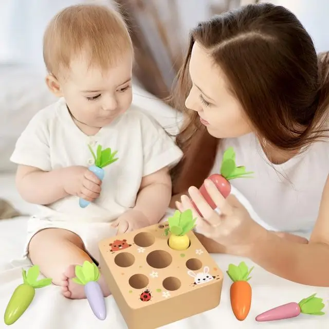 1-3 Year Old Toddlers Montessori Educational Learning Shape Sorting Macron Carrot Harvest Game Wooden Toys