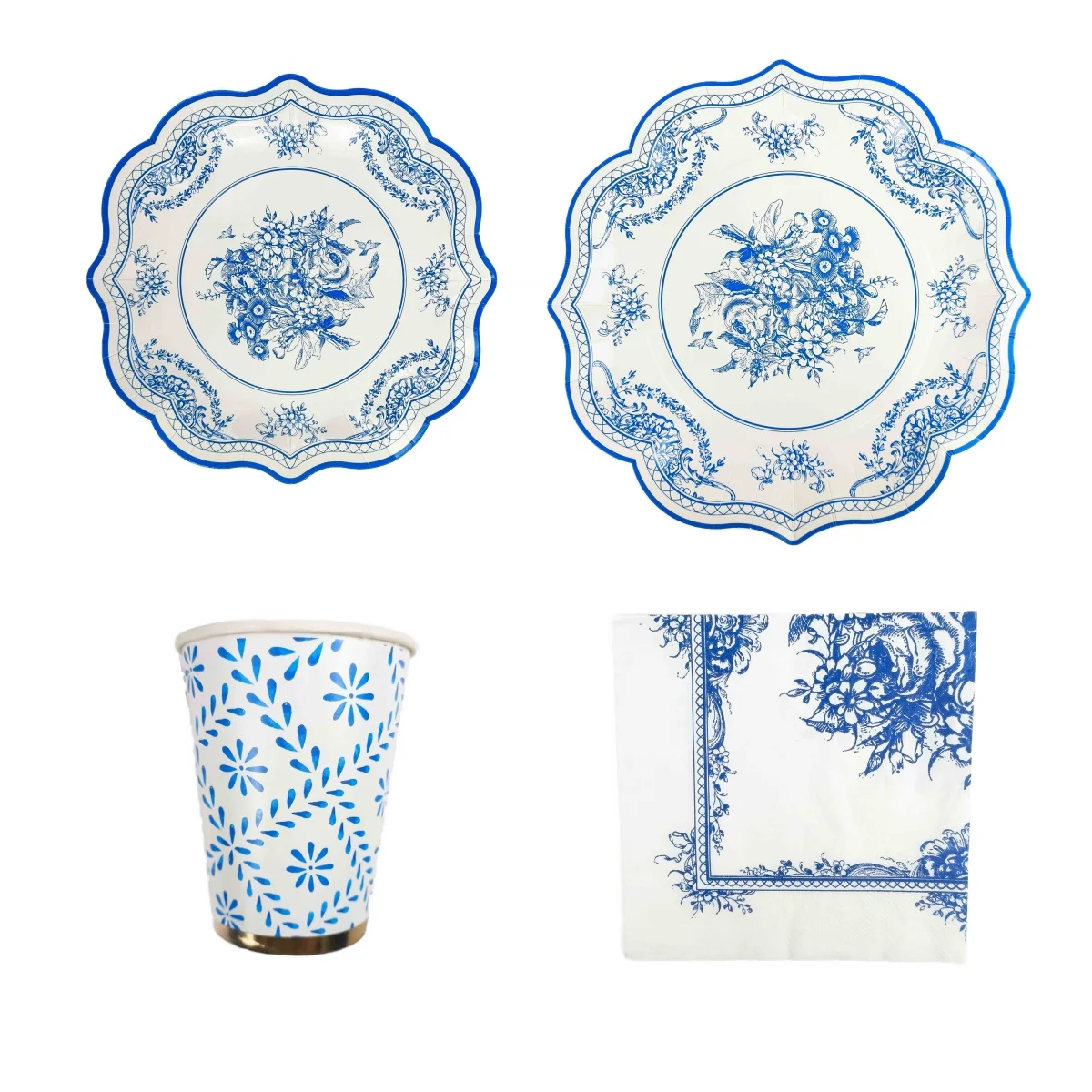 Disposable Party Tableware Set Chinese Style Blue And White Porcelain Theme Paper Plates Cups Napkins For Party Supplies