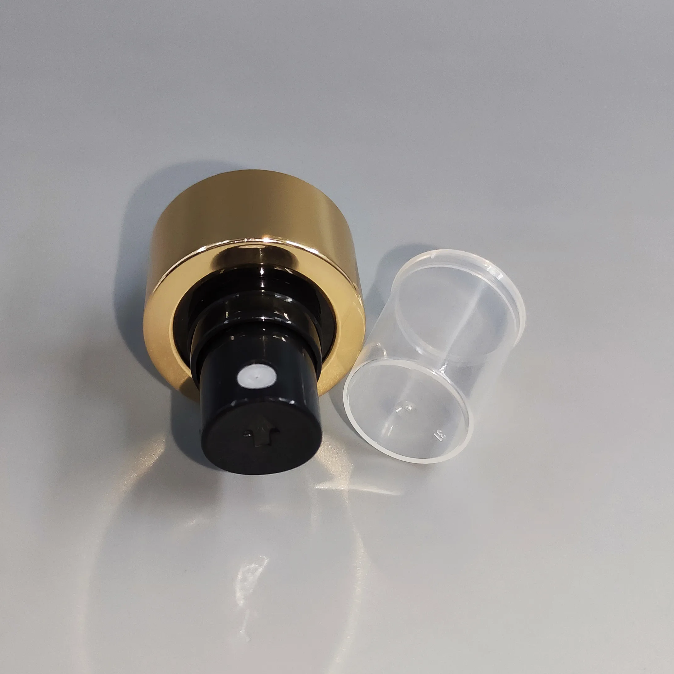 hot sell 24/410 gold color fine mist sprayer pump with clear cover aluminum spray caps fine mist spray pump spray