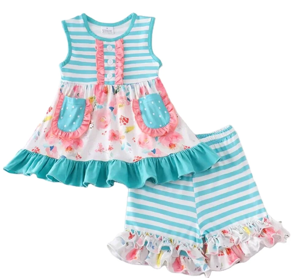 Wholesale Children Clothing Flower Pattern Design O-neck Best Selling Products Girl Outfits