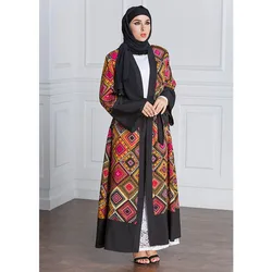 Women Long Cardigan Printed Geometric Red Muslim Dresses Hijab Dress Abayas Caftan