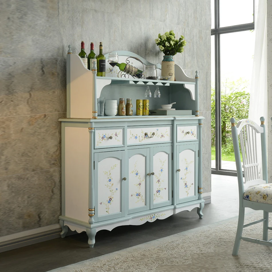 solid wooden restaurant storage hand-painted dinning cabinet with wine rack