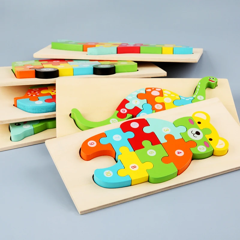 Wooden laser cut education creative montessori shape toys baby kids cognition colorful diy puzzles 3d animal wooden puzzle kids