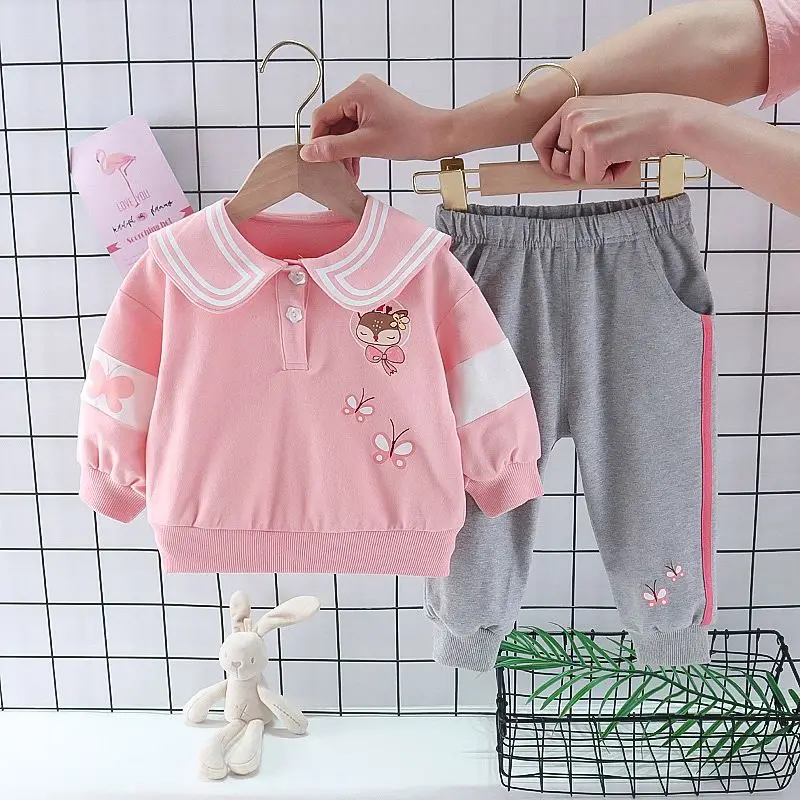 2023 Fashion Pink Trousers Toddler Kid Clothes Set Long Sleeve Baby Girls Clothing Sets