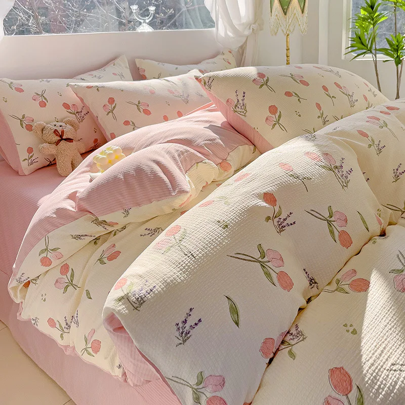 Aoyatex 2024 New Arrivals Luxury bedding sets Jacquard Washed bubble Gauze Bed sheets set Cute Four-piece set