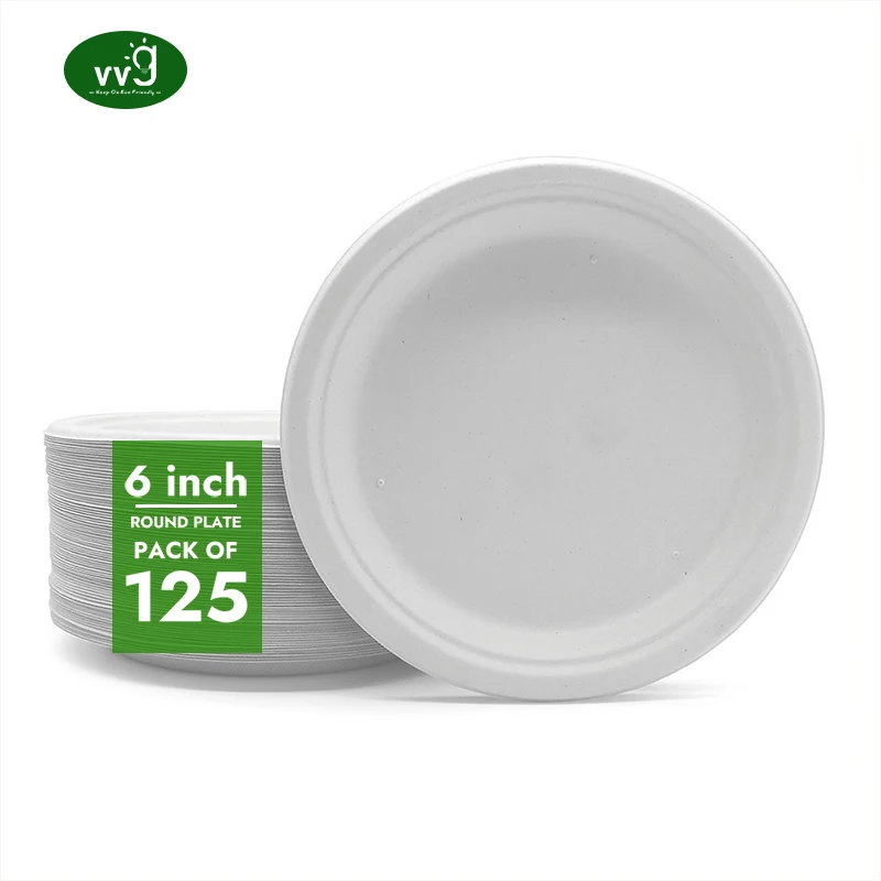 VVG wholesale round 6 inch heavy duty white eco friendly biodegradable disposable sugarcane paper plates for food dessert