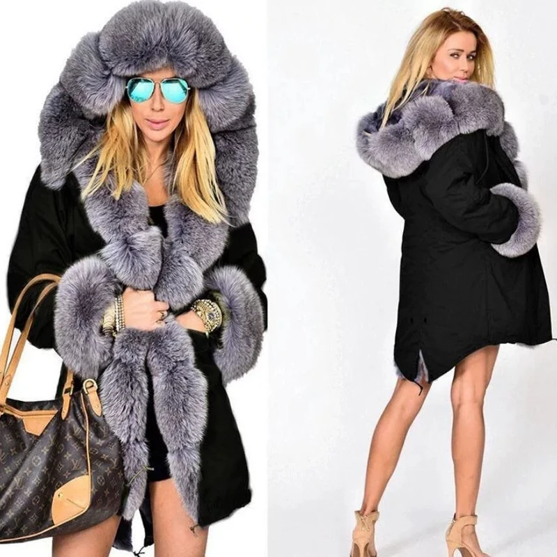 Новое поступление, зимняя куртка большого размера, облегающее теплое Женское пальто с капюшоном, длинное стильное пальто с капюшоном, Женское пальто из искусственного меха