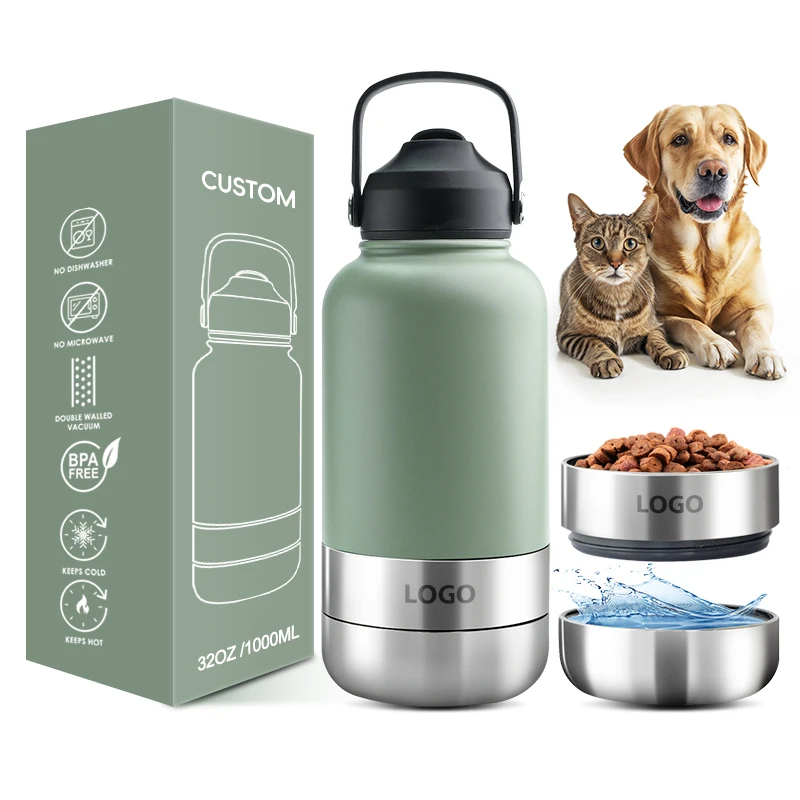 Custom logo 32 oz double wall stainless steel insulated 3 in 1 dog pet travel water bottle with bowl