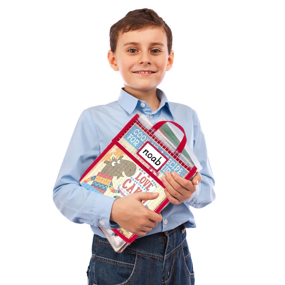 Colorful fabric book pouches have clear pocket name tags for students Student Book Pouches