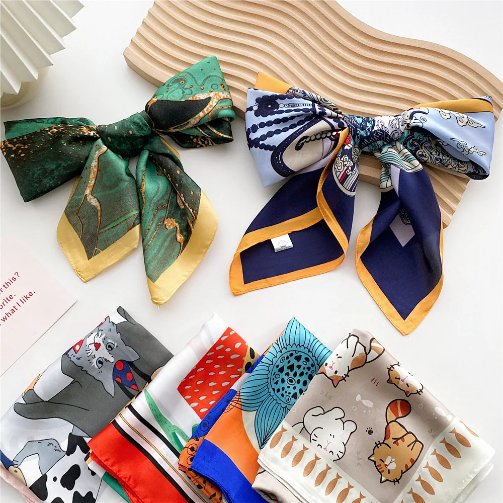 Manufacture Custom Neck Silk Scarf Cats Animal Printed Women Ladies Square Pure Twill 70x70 Silk Satin Scarves