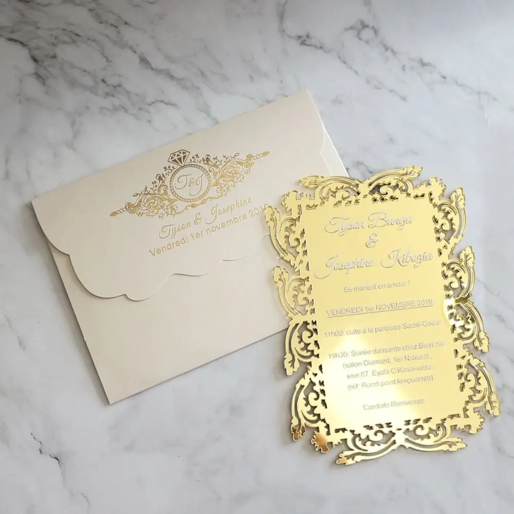 New designs Custom Gold Mirror laser cut Acrylic Wedding Invitations with hot stamp text birthday invitation cards menu cards