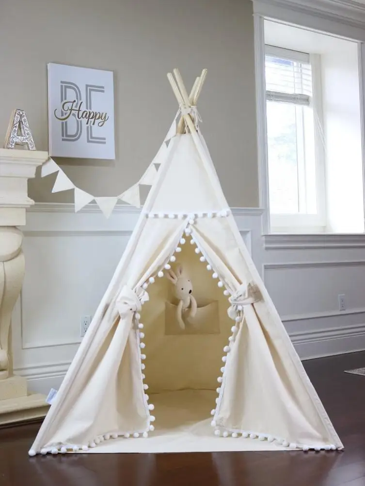
Kids Teepee Tent - Kids Play Painting Tent for boys & girls indoor/outdoor with 4 Wooden Poles & Carry Bag, Beige Canvas 