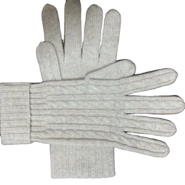 Warm womens 100% cashmere mittens with cable pattern