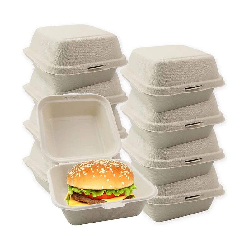 Customization Burger Box-Biodegradable sugarcane bagasse food packaging takeaway box food Hinged Clamshell container