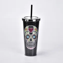 Wideal Amazon 16oz Plastic Tumbler Cups with Lid and Straw Mug Reusable Tumbler Clear Acrylic Halloween skulls  Skinny Tumbler