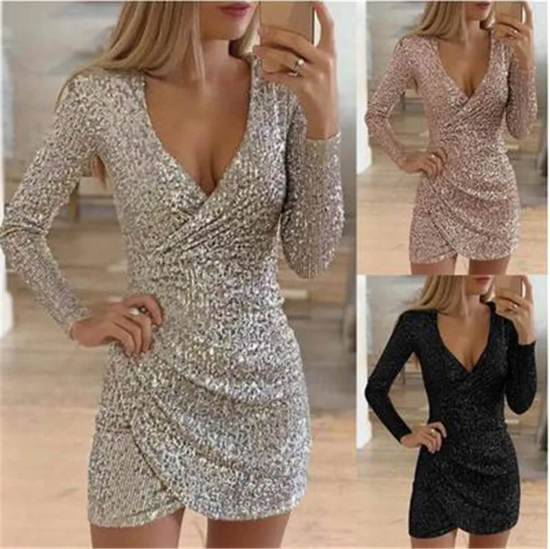 Sexy Silver Glitter Dresses for Women   Deep V-Neck Sequin Mini Bodycon Dress Autumn Winter Long Sleeve Party Dress T R1200