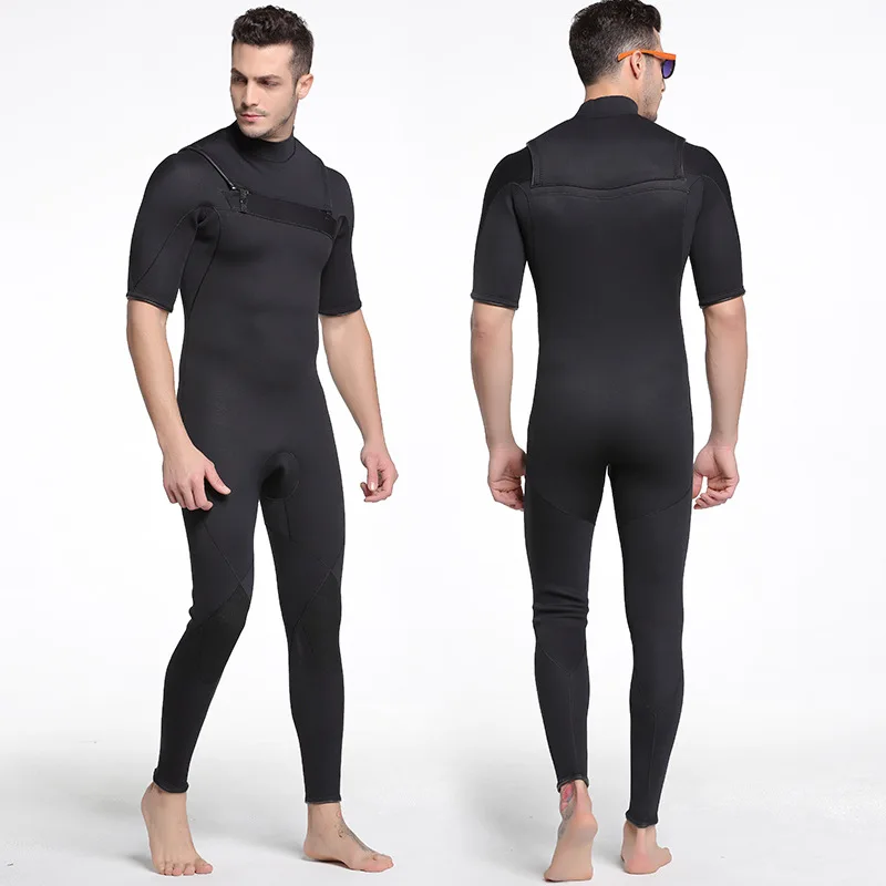 Custom 3mm Stretch Nylon Fabric Neoprene Short Sleeves Long Legs Freediving Wear Chest Zipper Steamer Men Surfing Wetsuit