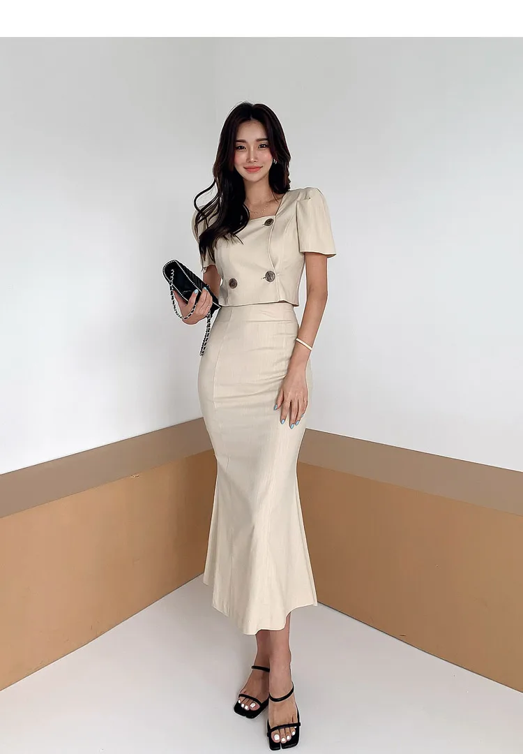 H Han Queen Hot Sales Women Summer Casual 2 Pieces Set Double-breasted Short Top + Mermaid Skirt Korean Slim Simple Skirts Suits