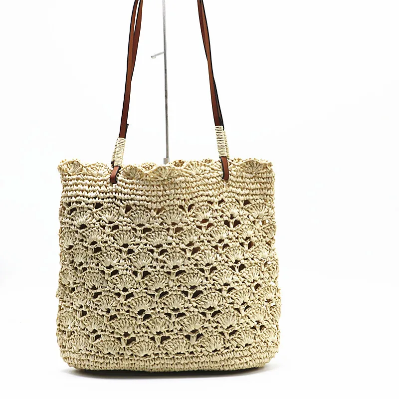 Handmade Leather Shoulder Strap Vietnam New Paper Woven Summer Handmade Knitted Straw Beach Bag