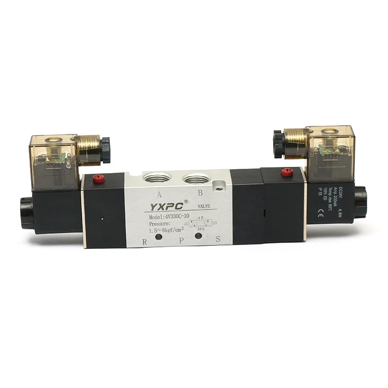 Manufacturing Standard Center Closed 4V330-10 BSP NPT3/8 Solenoid Valve 5/3 Double 5 Way 3 Position 24v Pneumatic