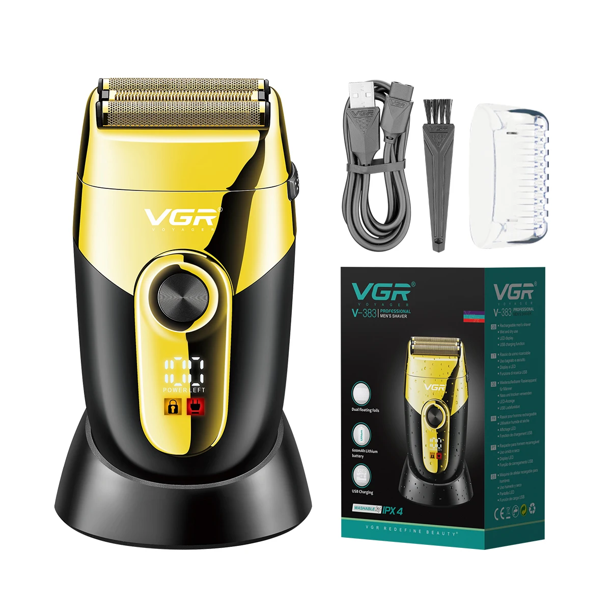 VGR V-383 Waterproof  Mens Beard Shaver Electric Foil Shavers Professional Rechargeable Shaving Machine with Charging Base