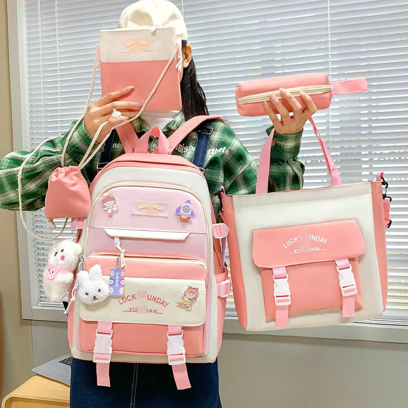 5Pcs Kawaii Backpack Set for Student with Cute Accessories, School Bags Backpack for Teen Girls Back to School Supplies