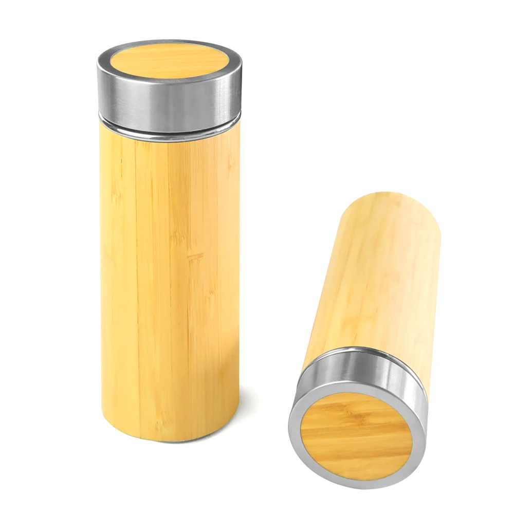 Bamboo Thermos Hot and Cold Beverages Carrier Coffee Tea Tumbler with Strainer Maintains Temp Water Bottle