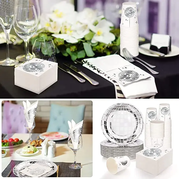 Pafu Disco Wedding Party Picnic Travel Disco Ball Dinner Plates Paper Cups Napkins 70s Disco Party Supplies