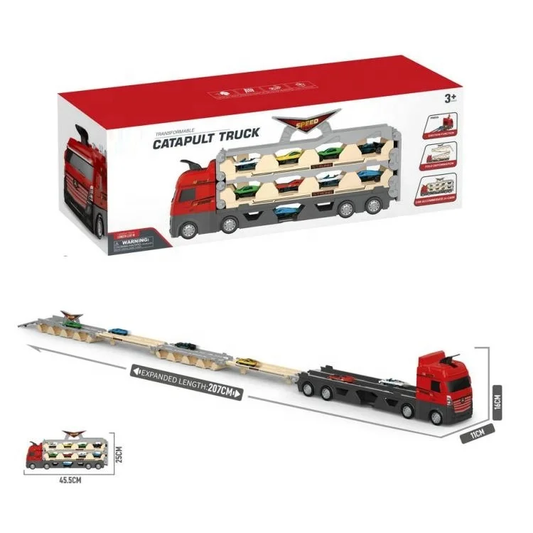 81 Inch Long Toy Cars Catapult Transport Car Truck Carrier with 6 Race Toy Cars Construction Vehicle Truck Boy Toys