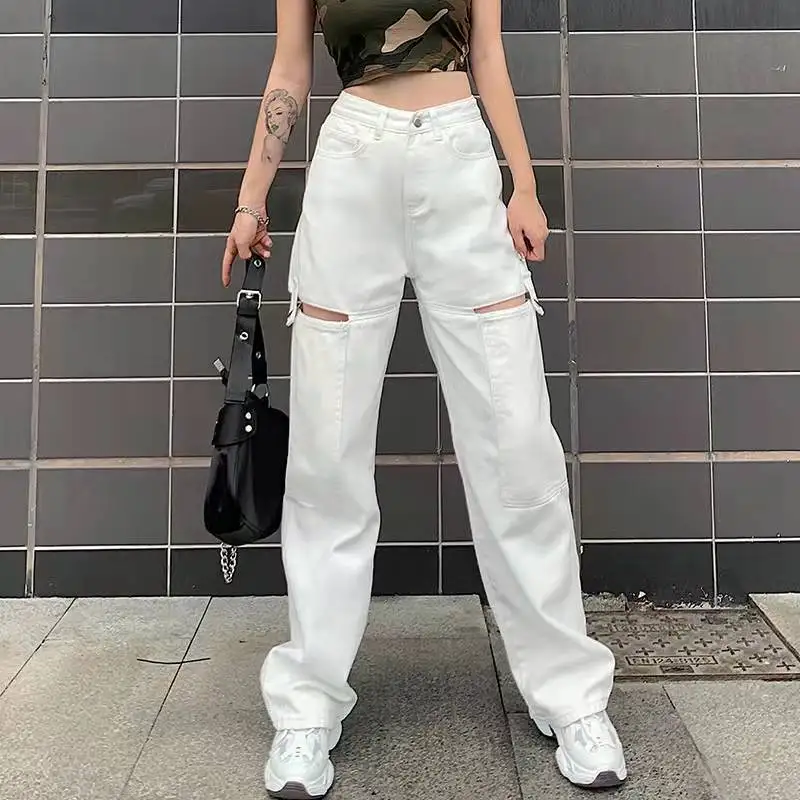 LILUO pure white high waist good quality female long trousers custom ripped hole belt pants women denim jeans