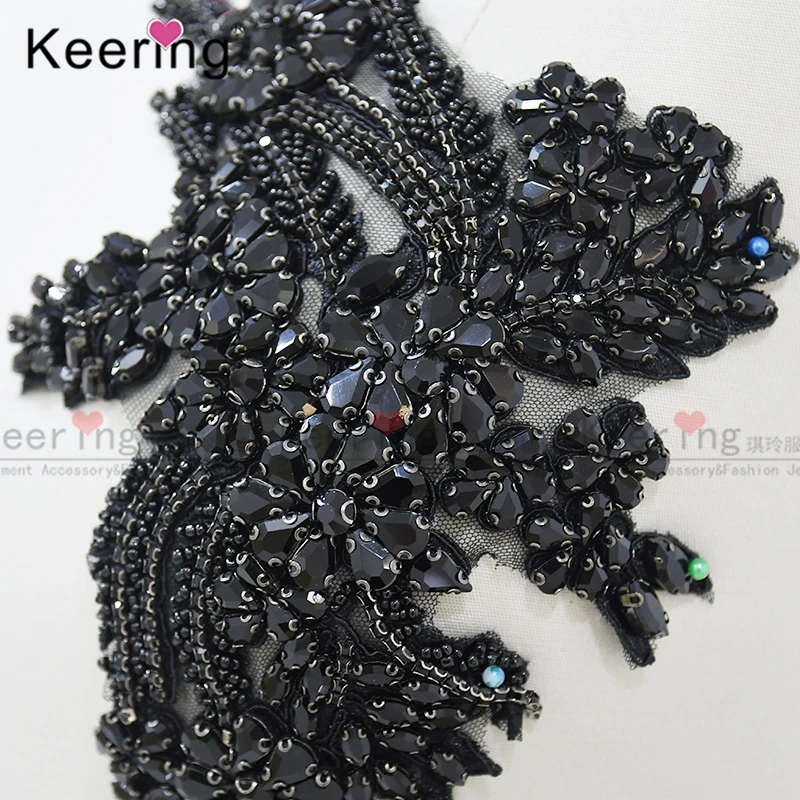 WDP-296 Very High End Lace Popular Jet Black Crystal Bodice Diamond 3D Flower Applique