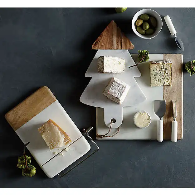 Customizable Natural Acacia Wood And Marble Cheese Serving Board Set With Slicer
