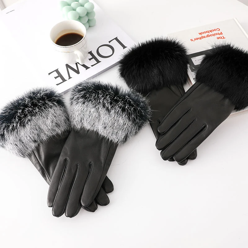 ZDFURS*Genuine Leather Glove Women Warm Fashion Winter Ladies Hand Warmer Gloves With Natural Rabbit Fur Trims