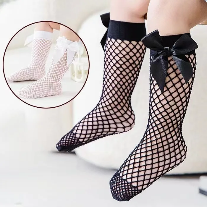 2024 Hot Sale Fishnet Ankle High Socks Lace Fish Net Vintage Back Bow Short Sock Girl New Summer Wear Baby Girls Kids Mesh Socks