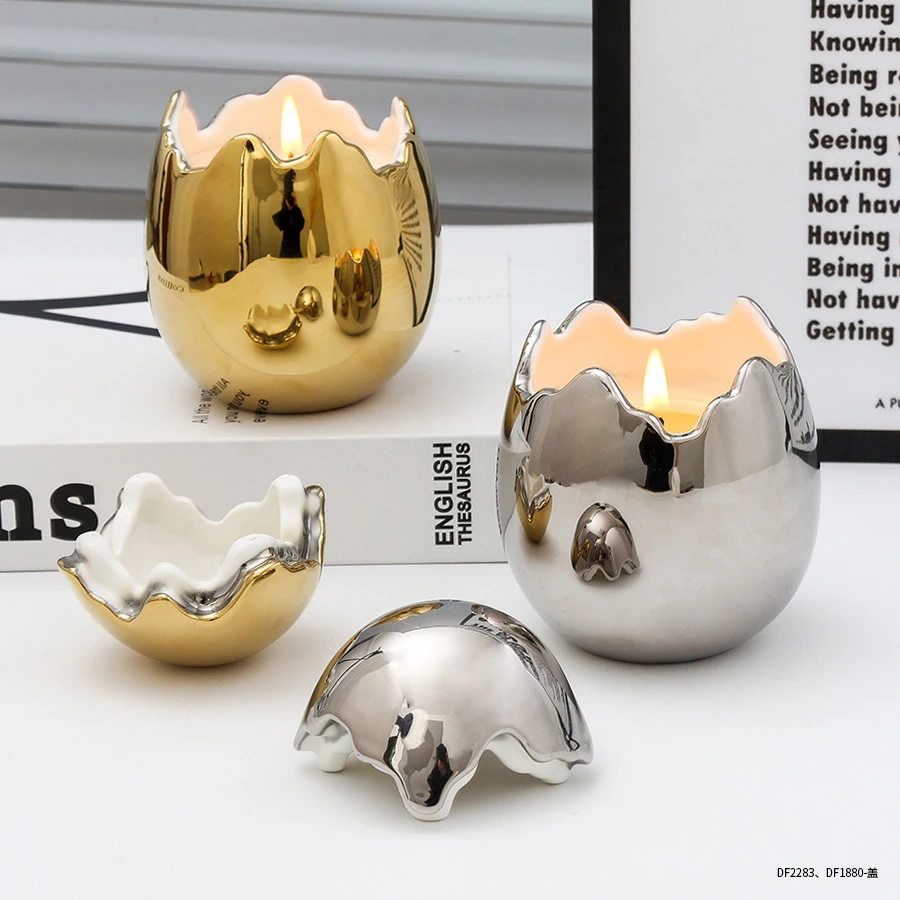 Hot sale bulk cheap fancy unique egg shape easter decoration ceramic candle bowl home decor gold luxury candle jar with lid