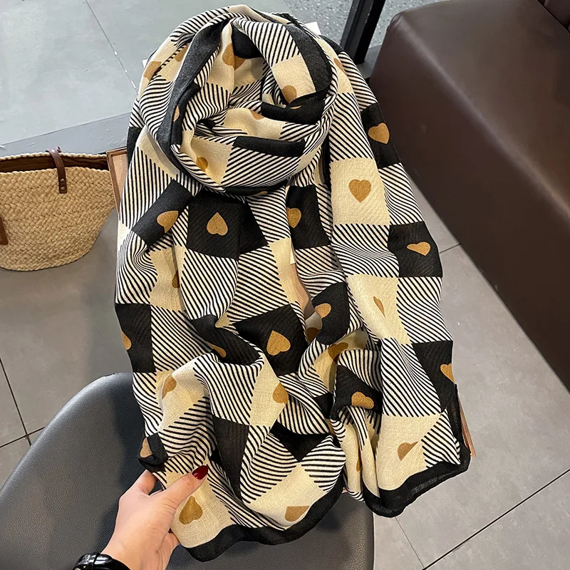 Heart Printed Scarf For Lady Shawl Wrap Long Stoles Muslim Hijab scarf Fashion Cotton Linen Autumn Viscose Scarves for Women