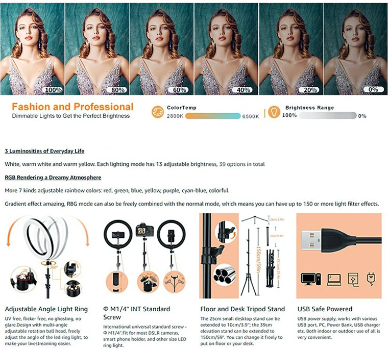 Wholesale RGB 12inch Led Table Lamp Colorful Dimmable 13 brightness 20 Color Modes 12 inch Selfie Ringlight for TikTok YouTube