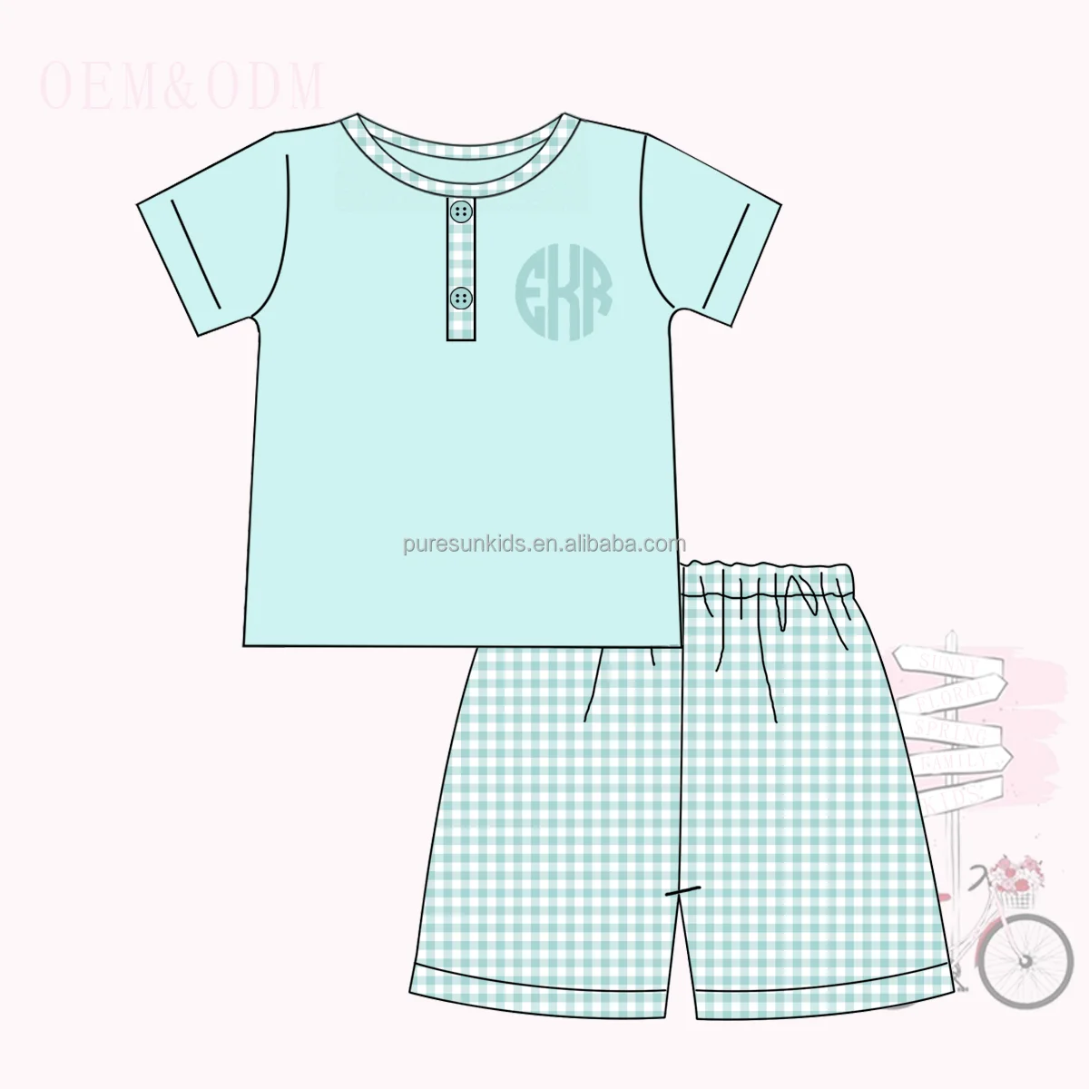 Puresun Spring new arrival embroidery clothings set children boutique set seersucker boys shorts cotton T shirt