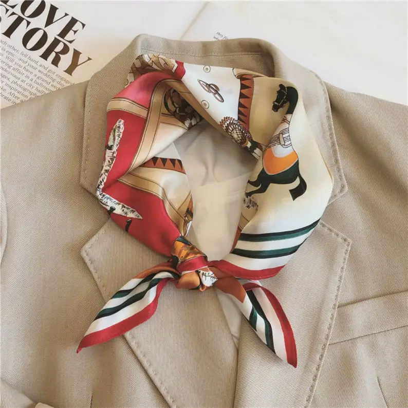 Custom Printed Wholesale Western Lifestyle Vintage Cowgirl Ladies Square Neckerchief Satin Silk Scarf for Women