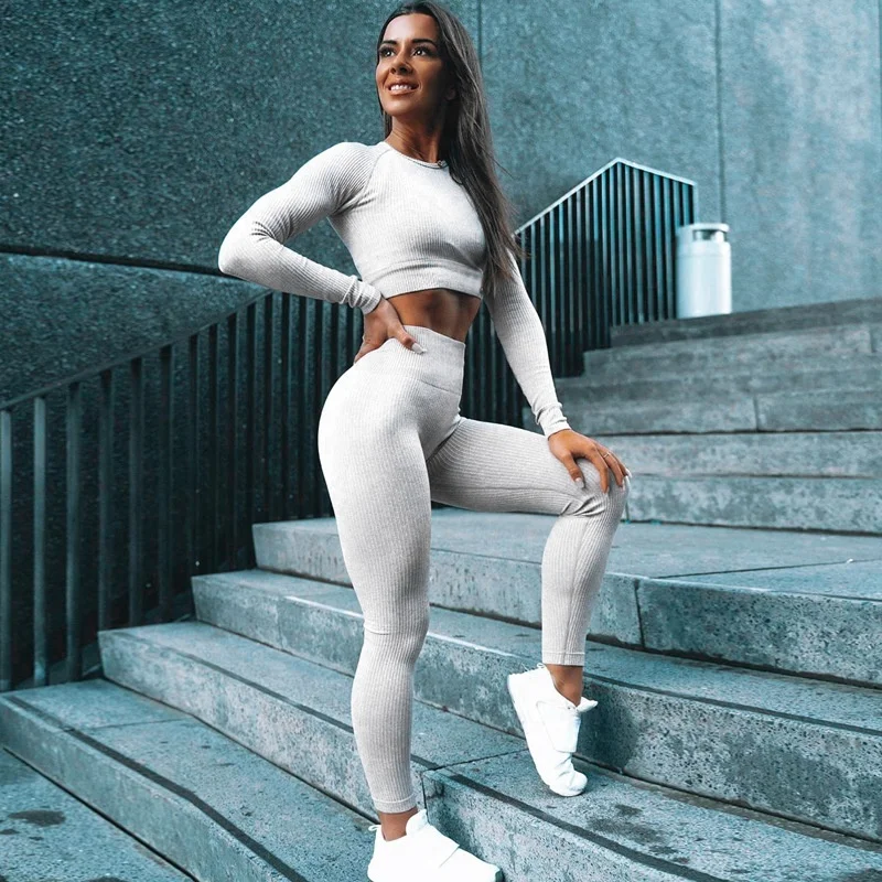 Seamless Activewear Gym Seamless Ribbed Yoga Set Women Long Sleeve Workout Sets Sport Suit
