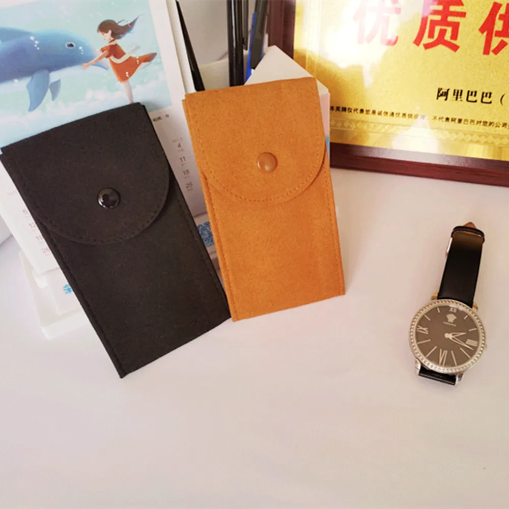fashion velvet pouch Flap Button  Embossed Logo High Quality Customized Watch Pouch Microfiber  Black Brown Watch Pouch