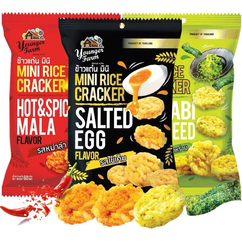 Specialty Asian Snacks 60g Crispy Rice Crackers Casual Cereal Snacks Salty Spicy Taste Soft Texture Imported Food Bag