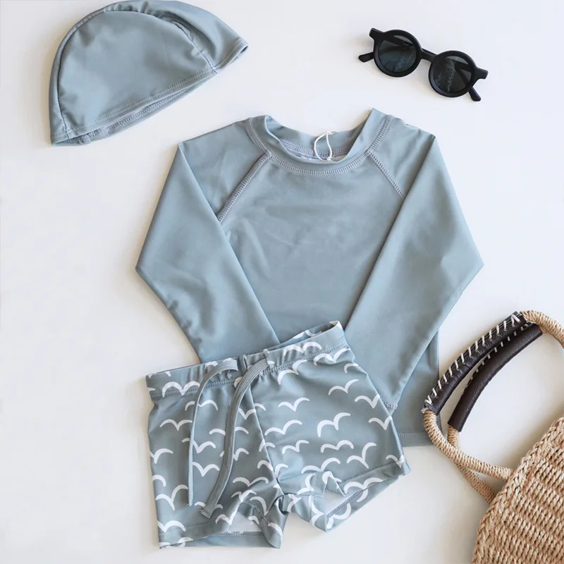 OEKO-TEX Long Sleeved Sun Protection Print Two Piece Kids Toddler Boy Swimwear Bathing Suits For Toddlers Kids