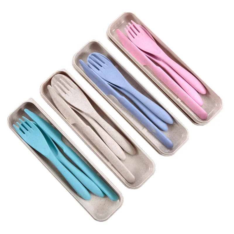 Eco-friendly 3 in 1 wheat straw cutlery spoons forks and knives cutlery with box set