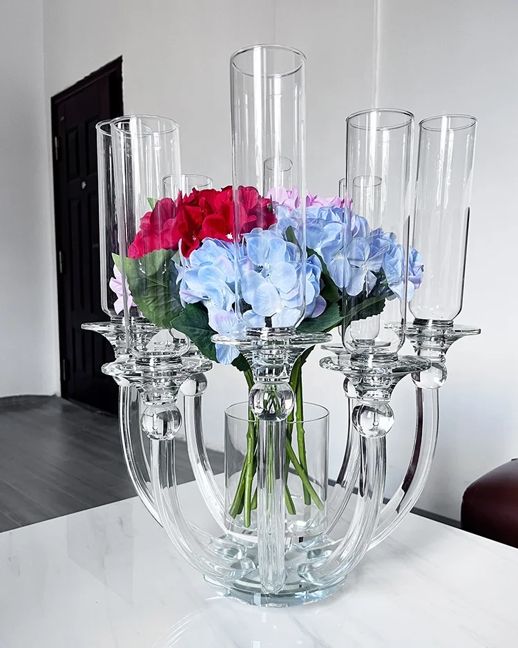 Wedding Centerpieces With Flowers And Light 8 Arms Crystal Clear Candelabra Hurricanes Candlesticks